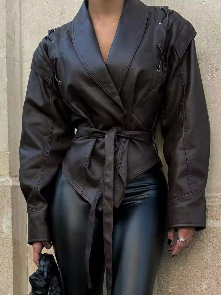 Drune | Leder Schnür Lapel Kragen Blazer Jacke