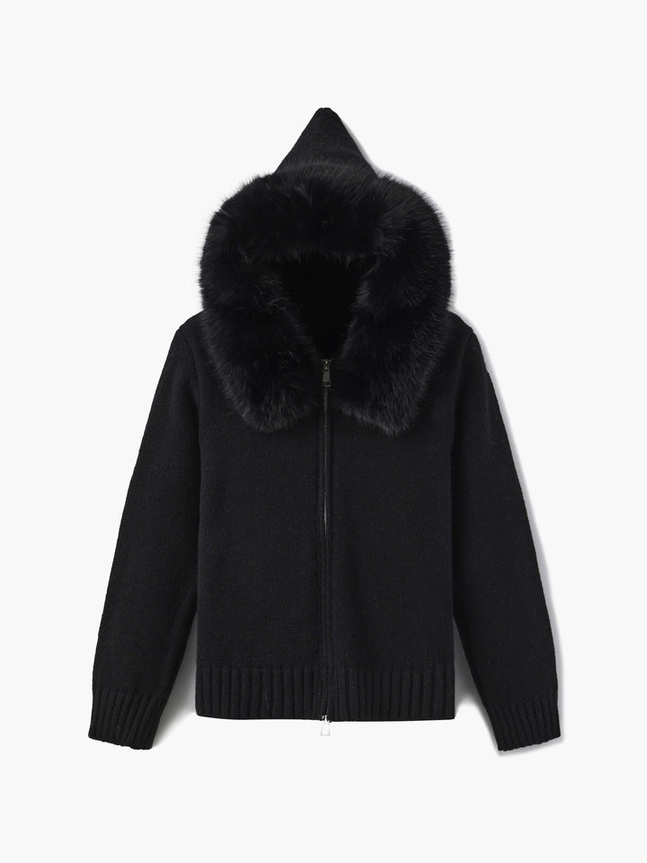 Drune | Strickjacke Grau mit Kapuze und Kunstpelz Warme Winterjacke