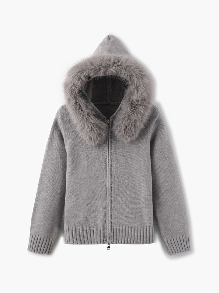 Drune | Strickjacke Grau mit Kapuze und Kunstpelz Warme Winterjacke