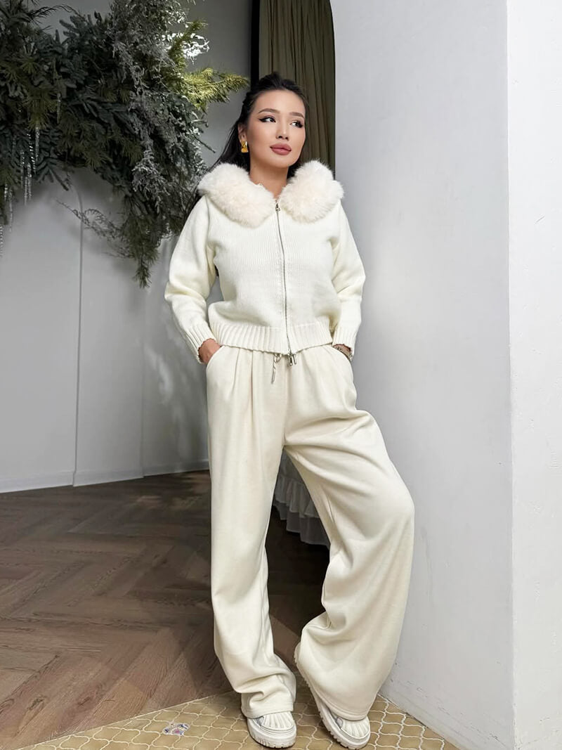 Drune | Strickjacke Grau mit Kapuze und Kunstpelz Warme Winterjacke