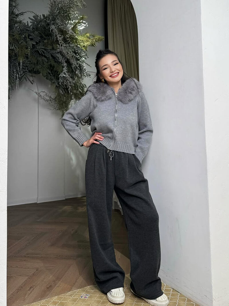 Drune | Strickjacke Grau mit Kapuze und Kunstpelz Warme Winterjacke