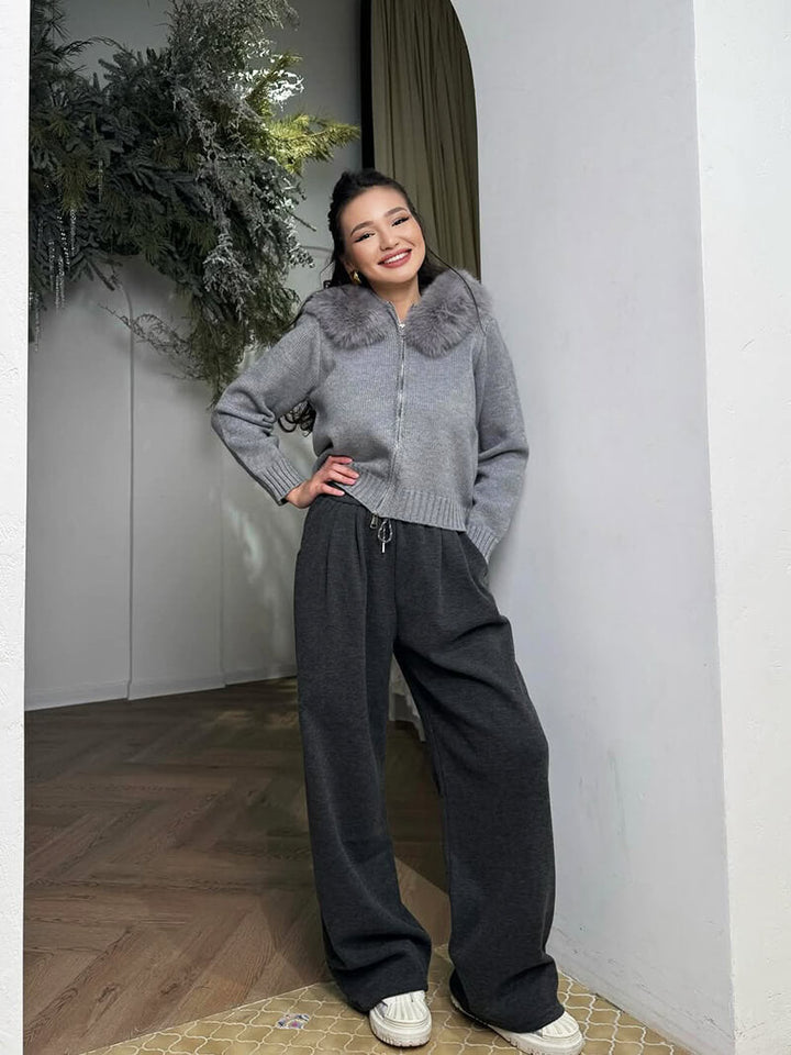 Drune | Strickjacke Grau mit Kapuze und Kunstpelz Warme Winterjacke