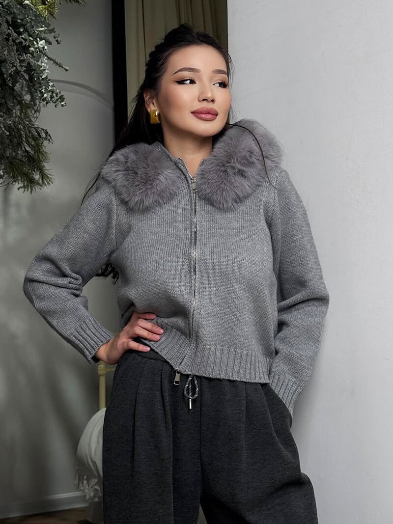 Drune | Strickjacke Grau mit Kapuze und Kunstpelz Warme Winterjacke