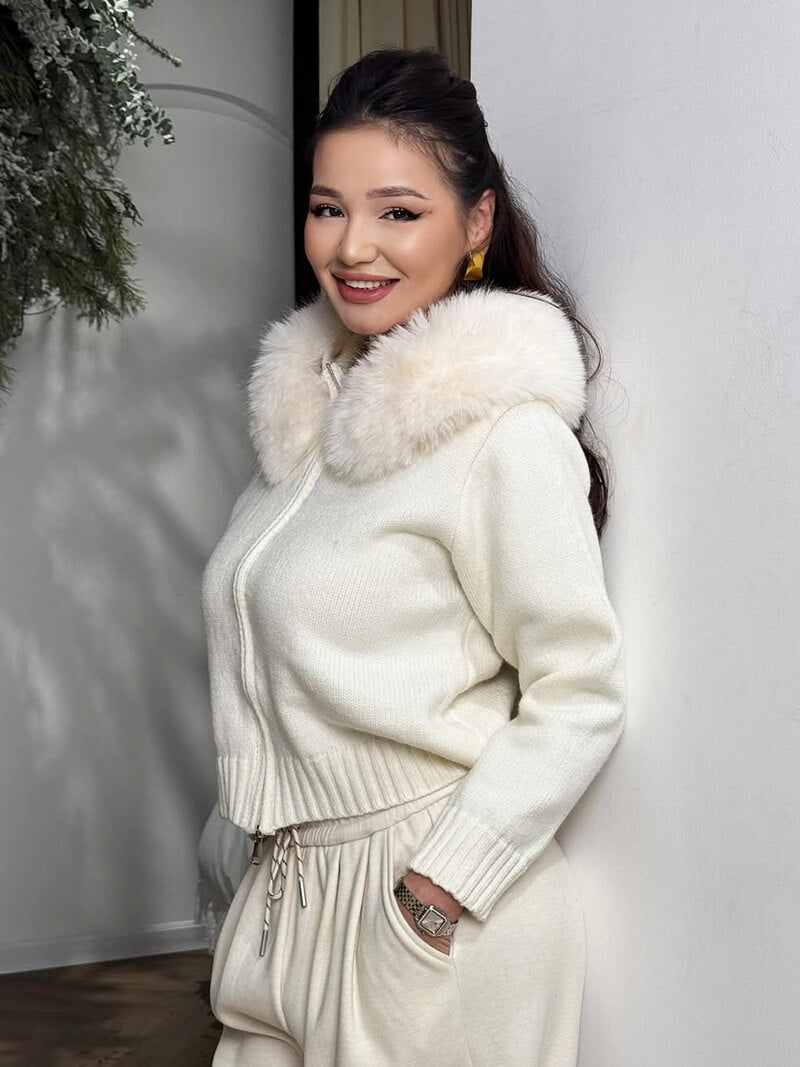 Drune | Strickjacke Grau mit Kapuze und Kunstpelz Warme Winterjacke