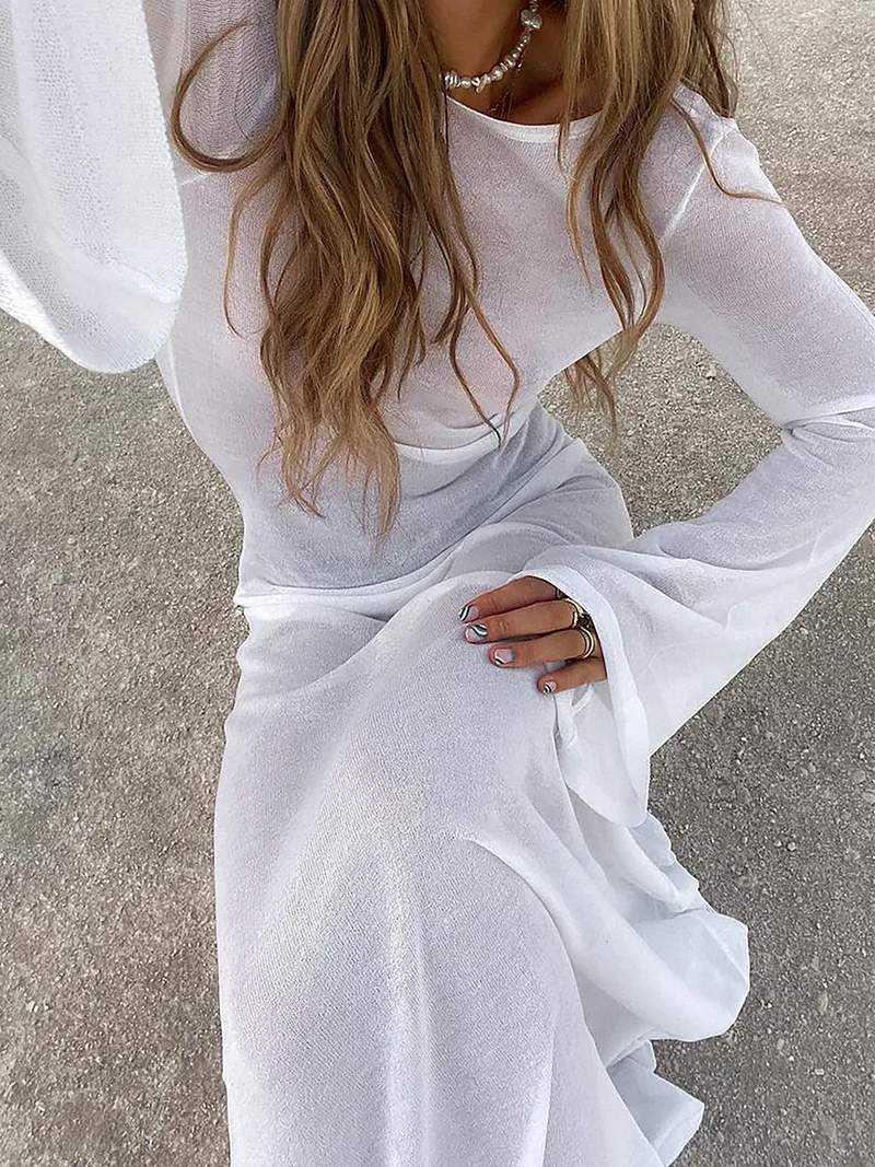 Drune - Luxus Maxikleid Kleid mit langen Ärmeln Weiß | Vintage Sommerkleid | Zeitlos design