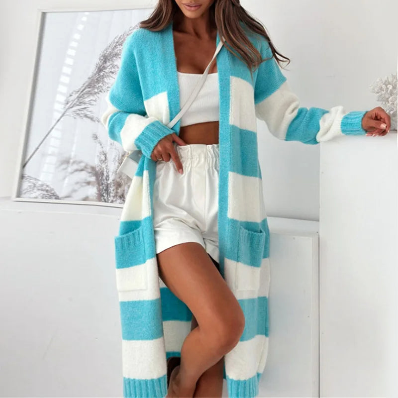 Drune | Damen Lange Gestreifte Strickjacke mit Langen Ärmeln und Taschen