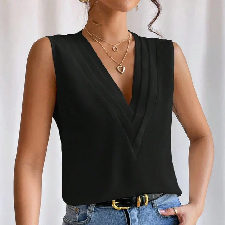 Drune | Ärmellose V-Ausschnitt Bluse mit Faltendetail für Damen