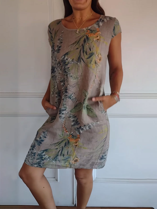 Drune | Kurze Ärmel Lockere Passform Kurzes Kleid Geblümtes Kleid