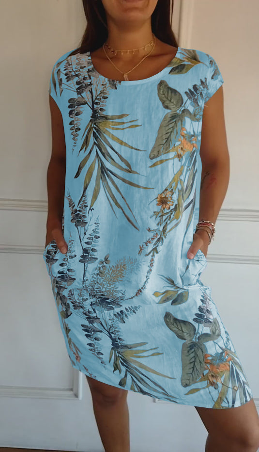 Drune | Kurze Ärmel Lockere Passform Kurzes Kleid Geblümtes Kleid
