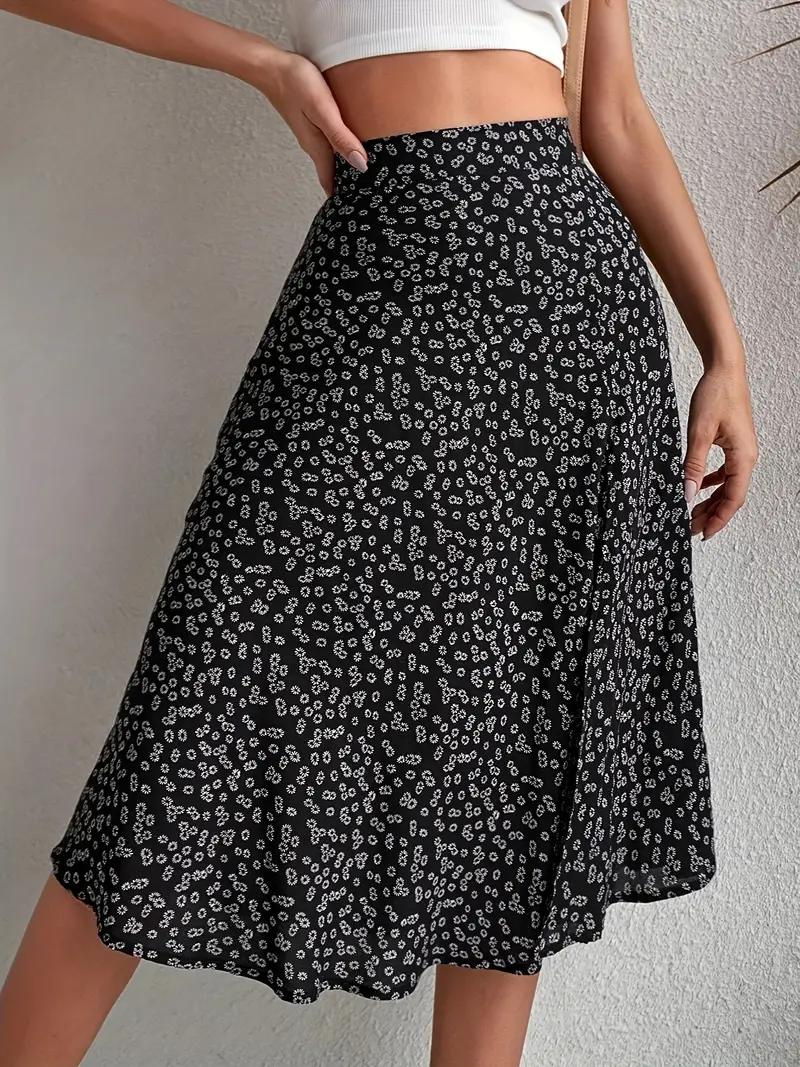 Drune | Sommerrock, floral, geteilt, Midi-Rock, Rock mit hoher Taille