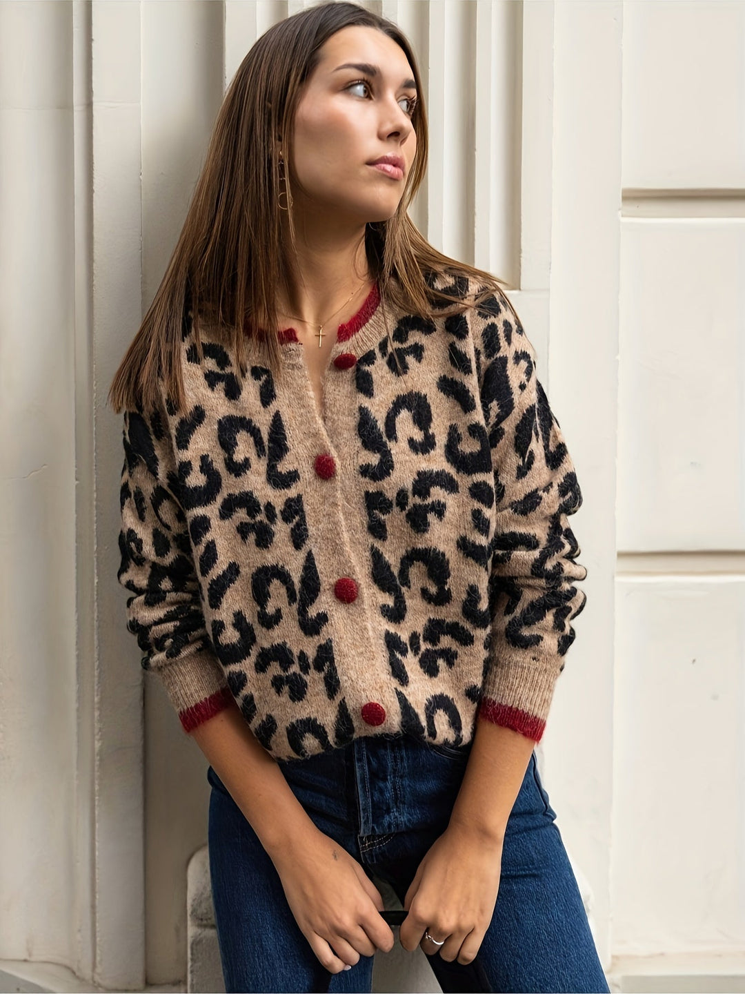 Drune | Stilvoller Leopardenmuster Strickjacke Mit Knopfverschluss