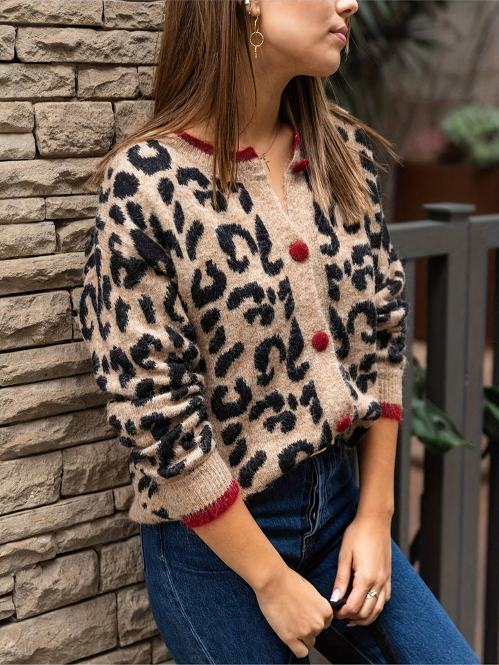 Drune | Stilvoller Leopardenmuster Strickjacke Mit Knopfverschluss