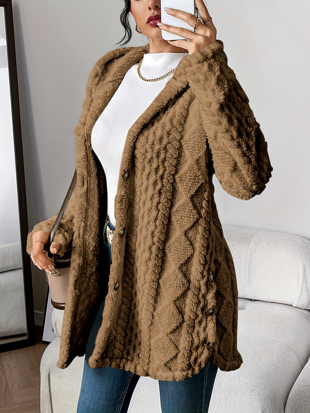 Drune | Damen Teddyjacke mit Kapuze und Knopfverschluss