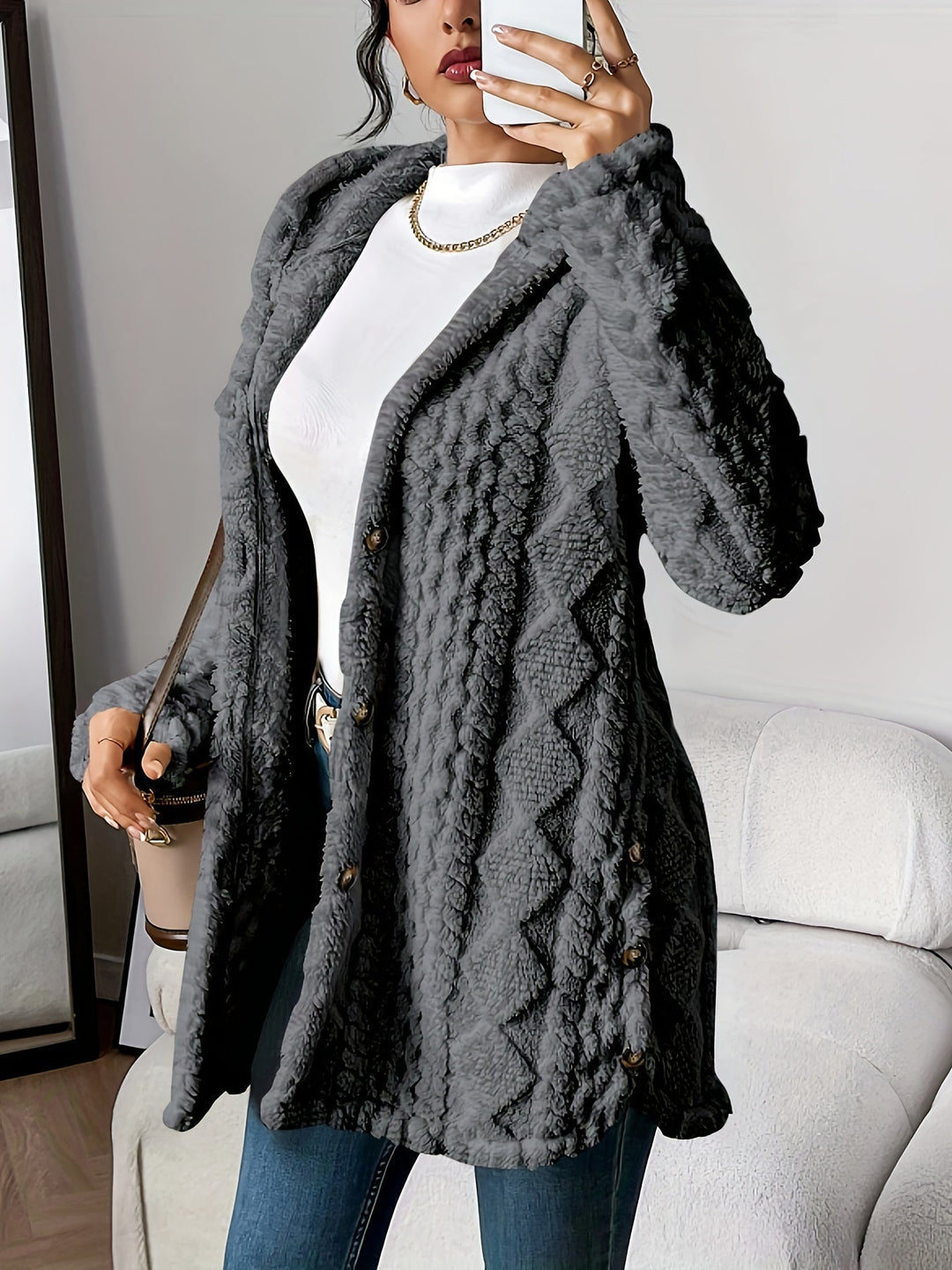 Drune | Damen Teddyjacke mit Kapuze und Knopfverschluss