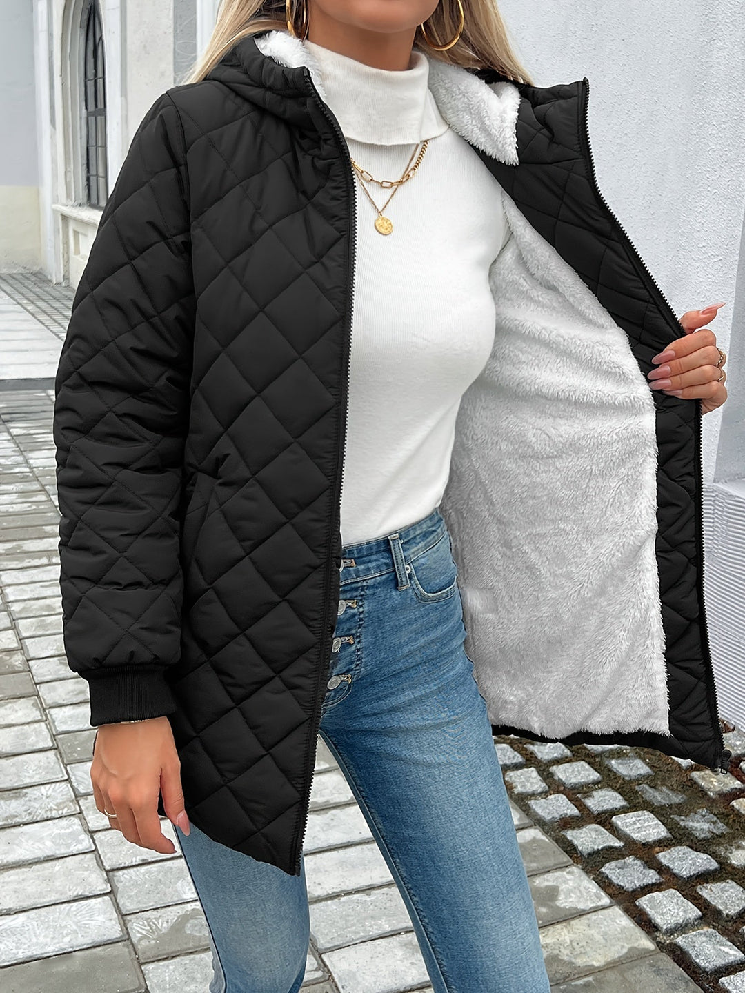 Drune | Damen Wattierte Pufferjacke mit Reißverschluss und Kunstfellfutter