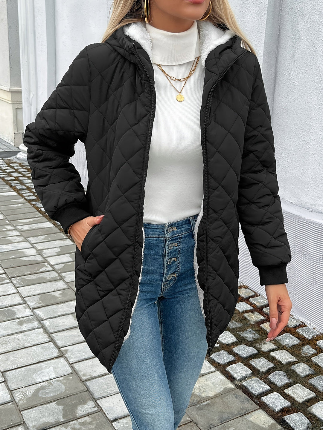 Drune | Damen Wattierte Pufferjacke mit Reißverschluss und Kunstfellfutter
