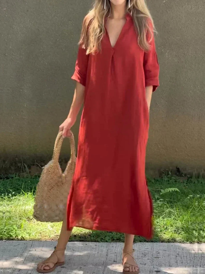 Drune | Leinenkleid Mit V-ausschnitt Und Taschen Für Damen