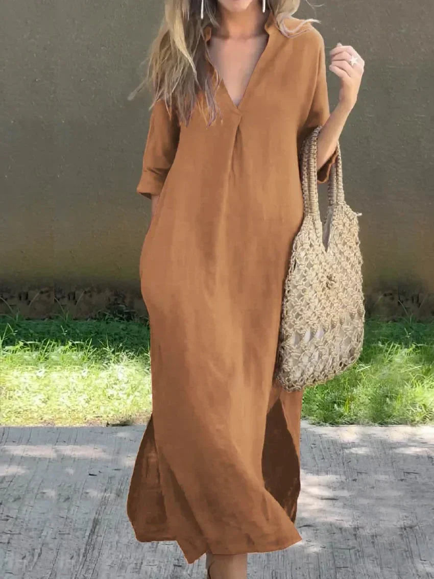 Drune | Leinenkleid Mit V-ausschnitt Und Taschen Für Damen