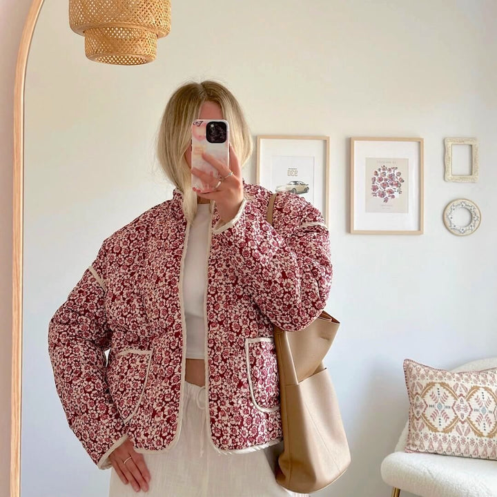 Drune | Damen Blumen Gestepptes Jacke mit Taschen und Langen Ärmeln