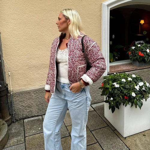 Drune | Damen Blumen Gestepptes Jacke mit Taschen und Langen Ärmeln