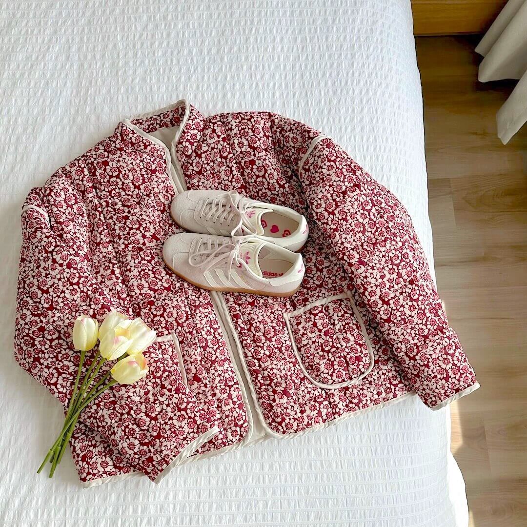 Drune | Damen Blumen Gestepptes Jacke mit Taschen und Langen Ärmeln