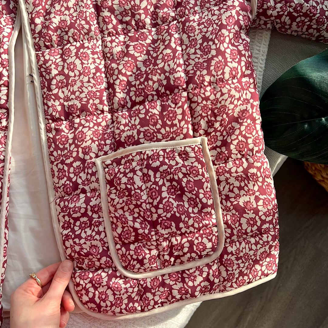 Drune | Damen Blumen Gestepptes Jacke mit Taschen und Langen Ärmeln