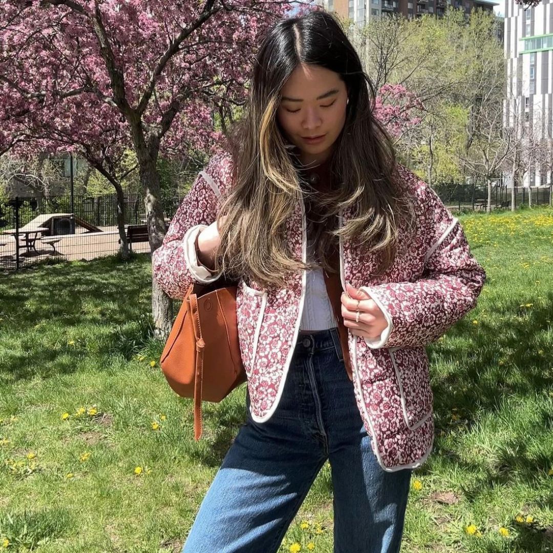 Drune | Damen Blumen Gestepptes Jacke mit Taschen und Langen Ärmeln