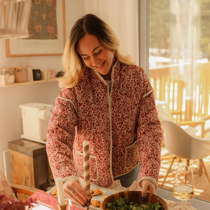 Drune | Damen Blumen Gestepptes Jacke mit Taschen und Langen Ärmeln
