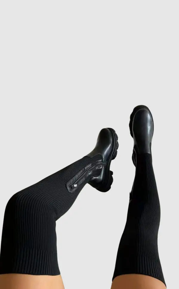 Drune | Stretch Strick Schwarz Knielange Stiefel für Frauen – Bequeme Lange Stiefel mit Sleek Design