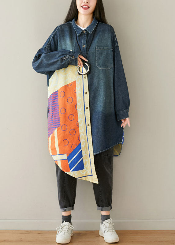 Drune | Blaue asymmetrische Taschen Patchwork Baumwoll-Denim Mäntel