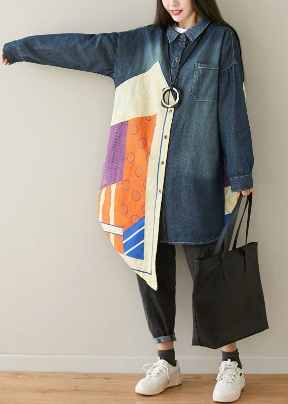 Drune | Blaue asymmetrische Taschen Patchwork Baumwoll-Denim Mäntel