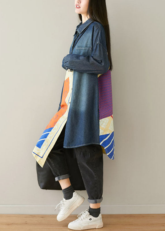 Drune | Blaue asymmetrische Taschen Patchwork Baumwoll-Denim Mäntel