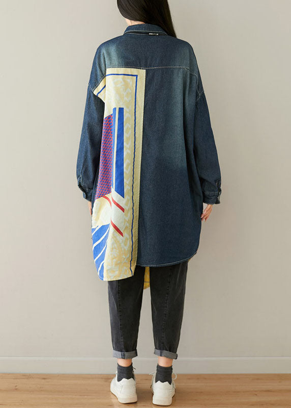 Drune | Blaue asymmetrische Taschen Patchwork Baumwoll-Denim Mäntel