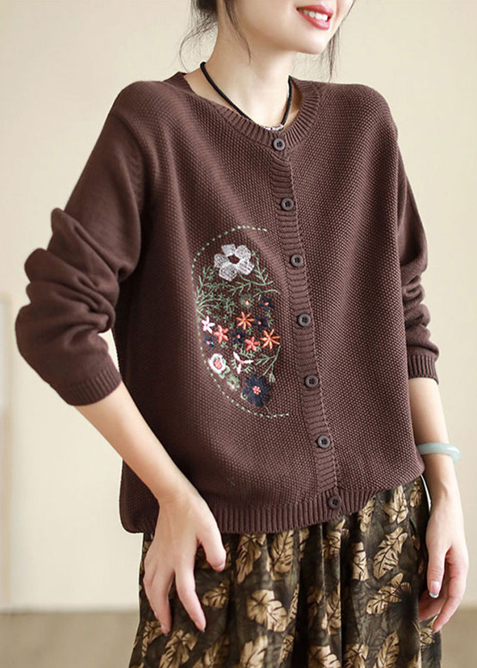 Drune | Kaffee Bestickte Knopf Patchwork Strickmäntel
