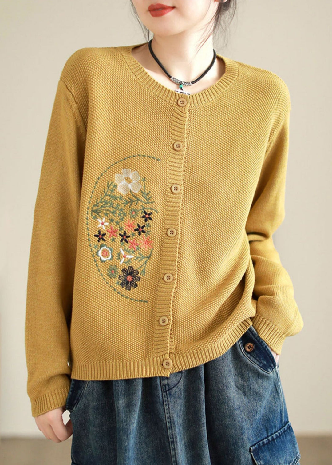 Drune | Kaffee Bestickte Knopf Patchwork Strickmäntel