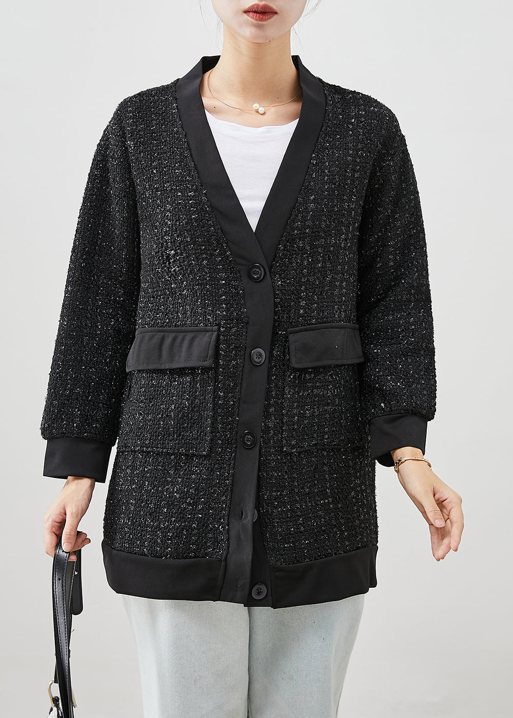 Drune | Schwarze V-Ausschnitt Taschen Wolljacken
