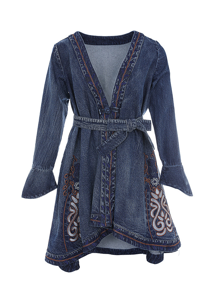 Drune | Blaues V-Ausschnitt Besticktes Tailliertes Baumwoll-Denim-Trenchcoat Mit Langen Ärmeln