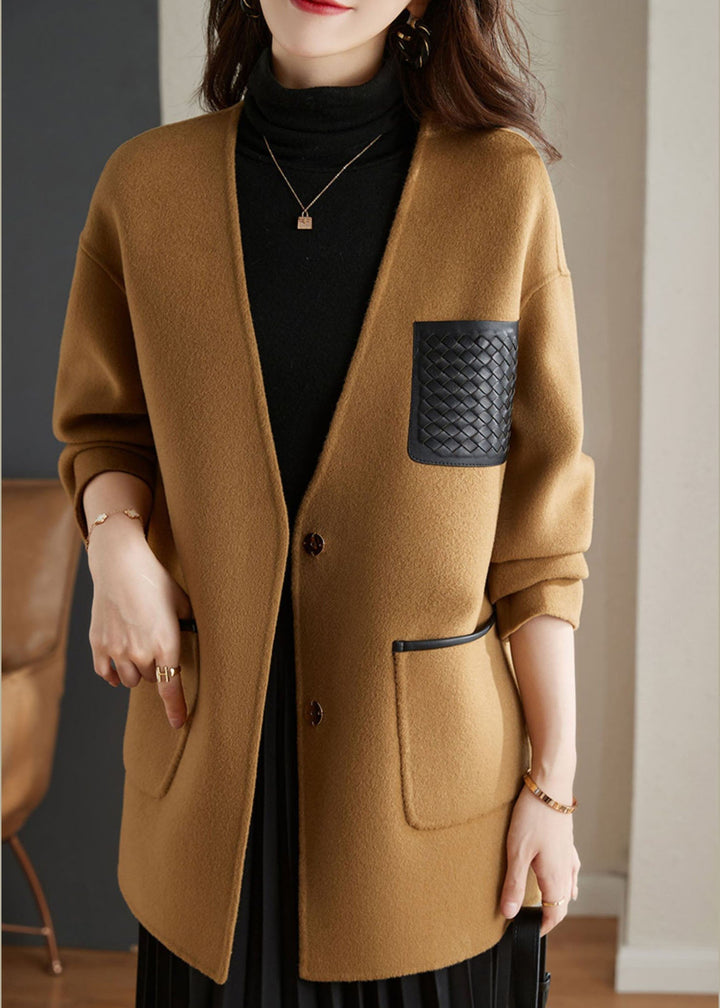 Drune | Kamel V-Ausschnitt Patchwork Knopf Wollmischung Mäntel