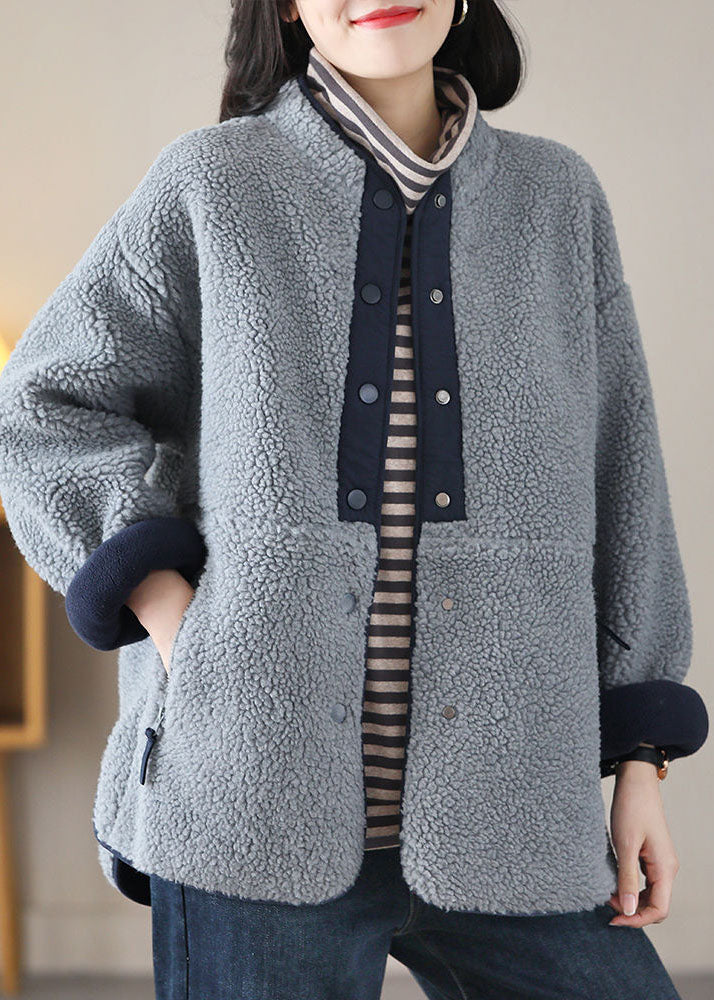 Drune | Grau Blau Stehkragen Patchwork Teddy Kunstfell Jacken