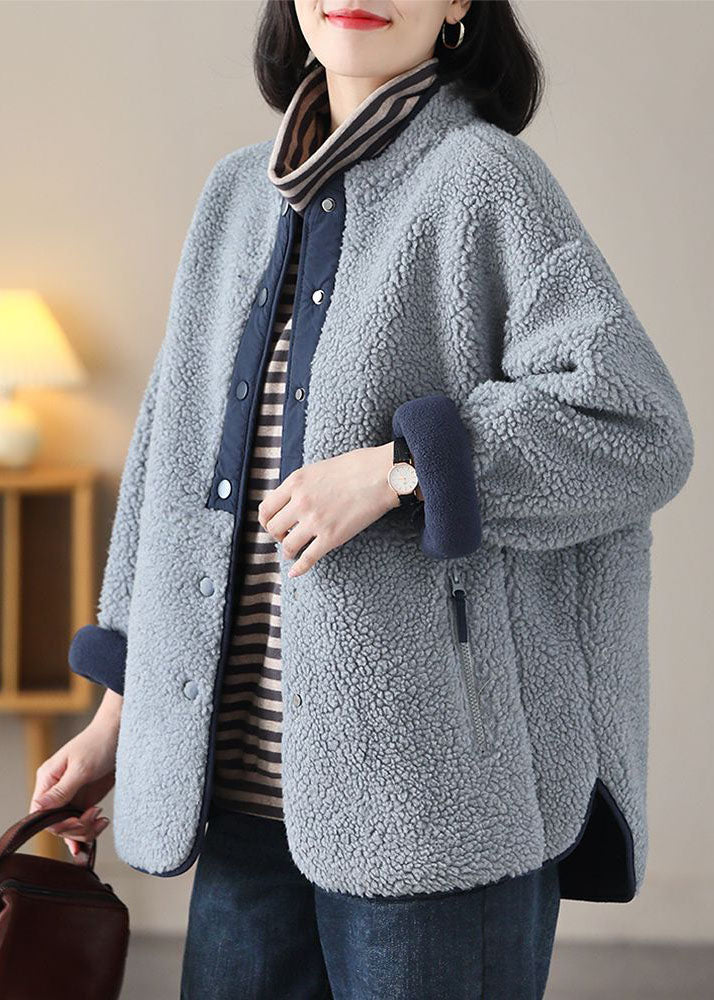 Drune | Grau Blau Stehkragen Patchwork Teddy Kunstfell Jacken