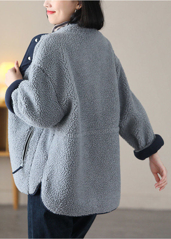 Drune | Grau Blau Stehkragen Patchwork Teddy Kunstfell Jacken