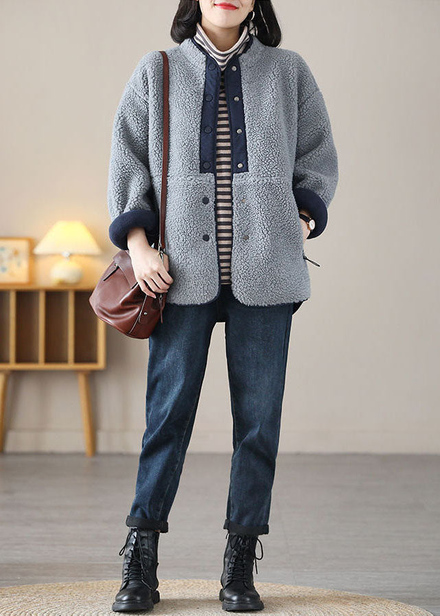 Drune | Grau Blau Stehkragen Patchwork Teddy Kunstfell Jacken