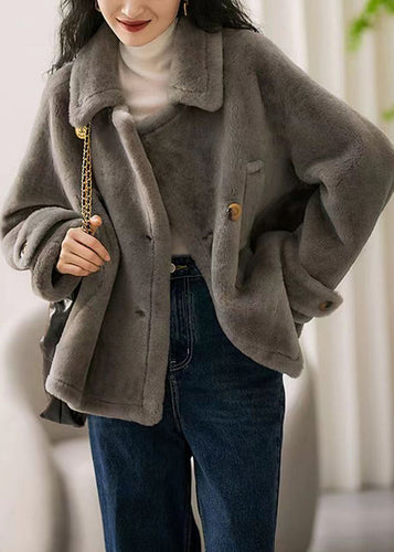 Drune | Grauer Peter-Pan-Kragen Taschen Patchwork Wollmäntel Winter