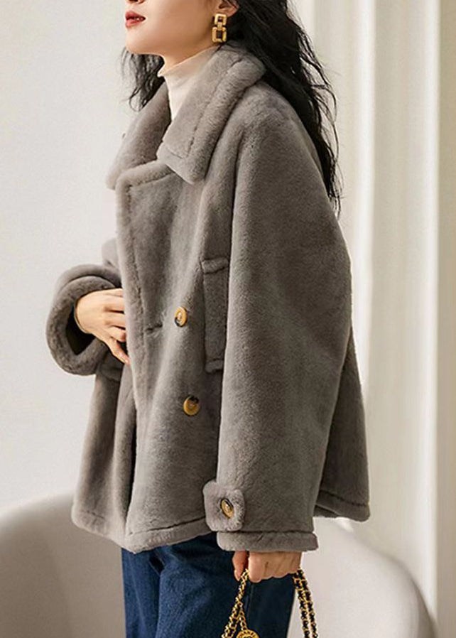 Drune | Grauer Peter-Pan-Kragen Taschen Patchwork Wollmäntel Winter