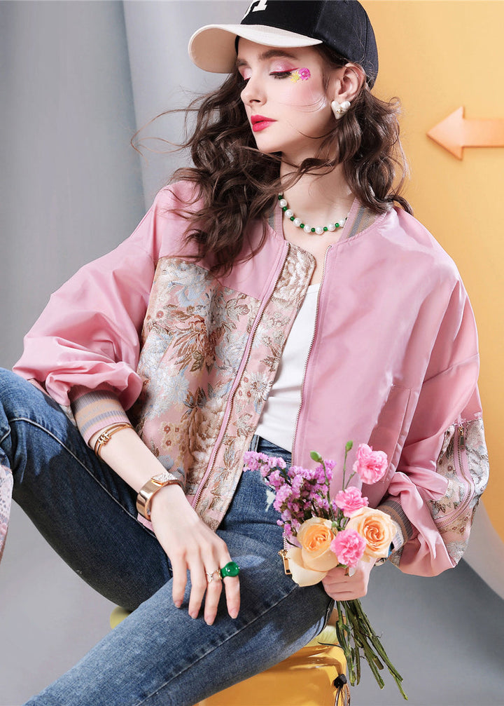 Drune | Plus Size Pink Pockets Print Patchwork Jacken