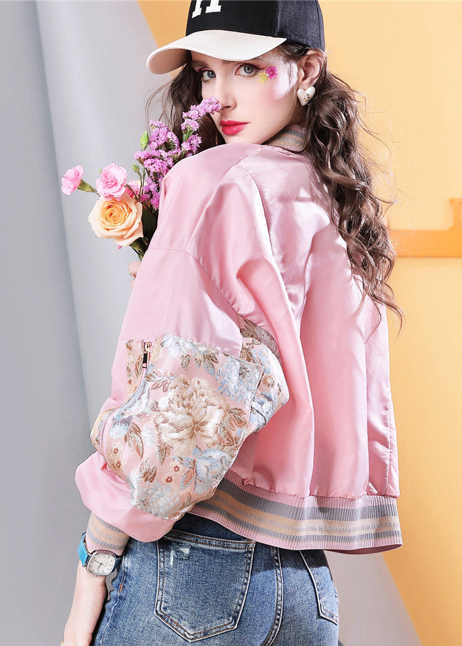 Drune | Plus Size Pink Pockets Print Patchwork Jacken