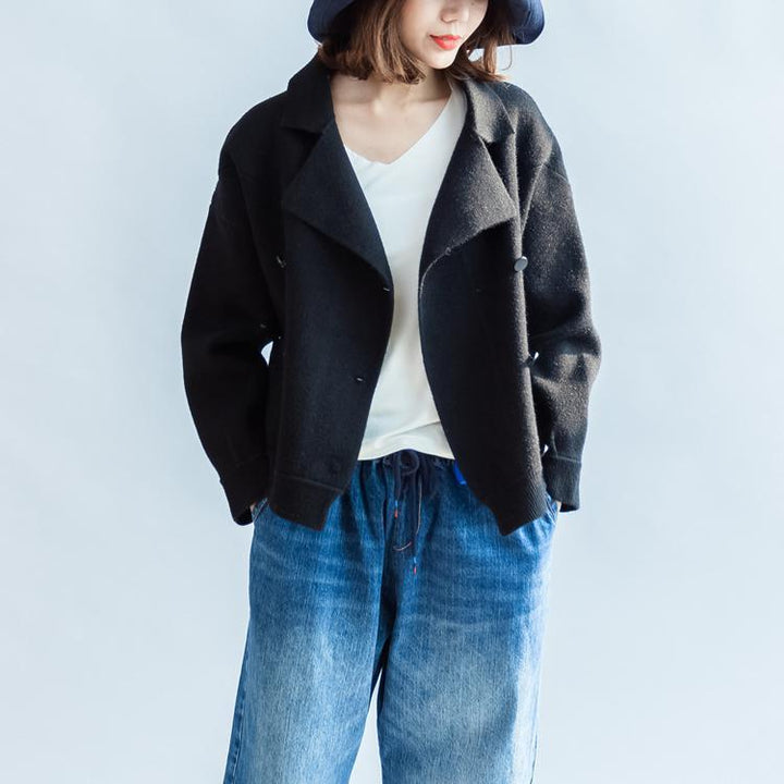 Drune | schwarze Wollmäntel doppelt brustkurze Winterjacken lässiger Stil