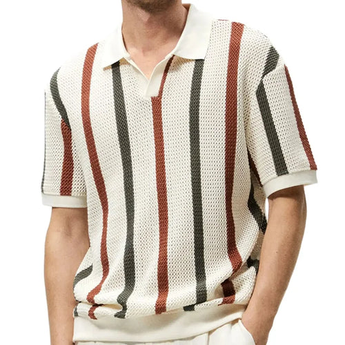 Drune | Gestreiftes Offen Strick Poloshirt Für Herren