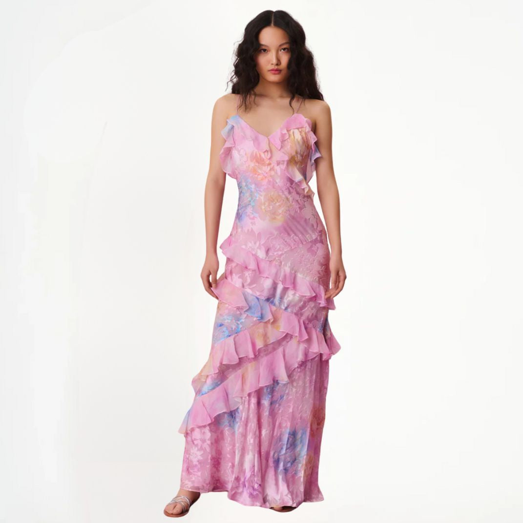 Drune | Damen Blumenkleid Mit Rüschen & V-ausschnitt