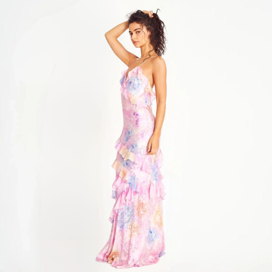Drune | Damen Blumenkleid Mit Rüschen & V-ausschnitt